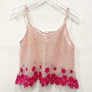Free People Pink Crochet V-Neck Sheer Spaghetti Strap Top
